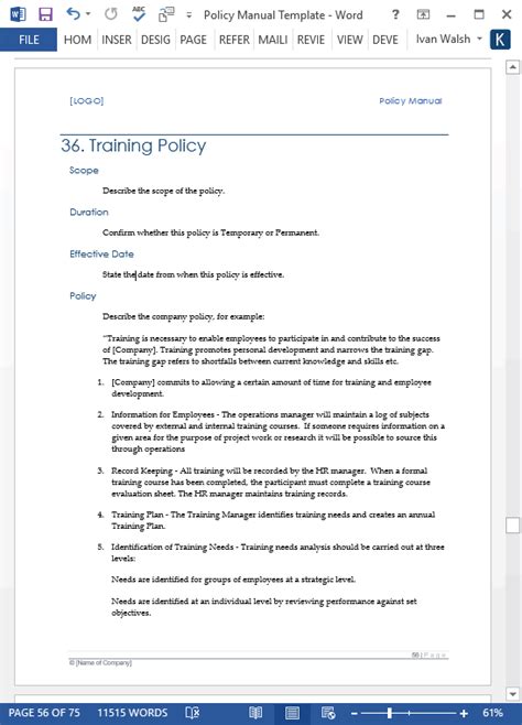 policy manual template office technical writing tools
