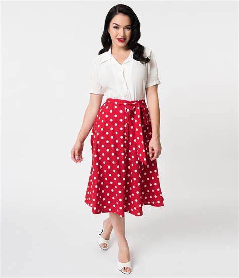 Vintage Style Red And White Polka Dot Tie Midi Skirt Vintage Skirt Red
