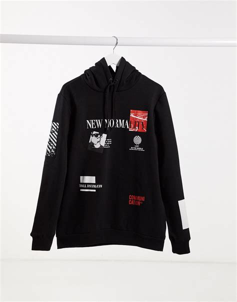 bershka placement print hoodie  black  men lyst