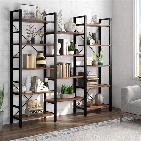tribesigns industrial large  tier bookshelves  display  storage modern triple wide