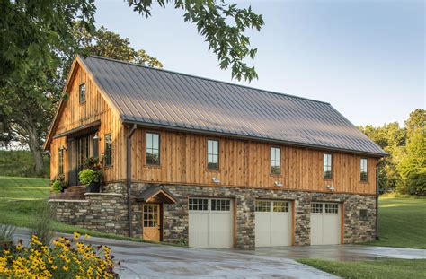 barn home features open living space    car garage