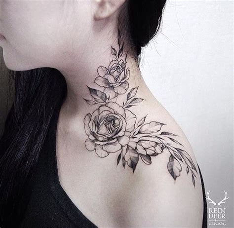 Floral Rose Neck Tattoo Feminine 목 문신 어깨 문신 여자 문신