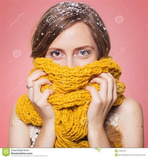 Beautiful Redhair Woman In Winter Outfit Warm Sweater Scarf An Stock