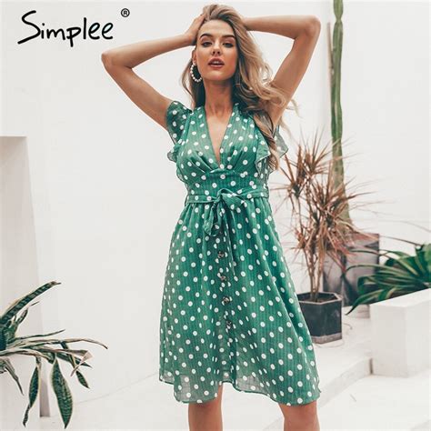 simplee sexy v neck polka dot green summer dress women 2019 casual ruffle midi dress elegant