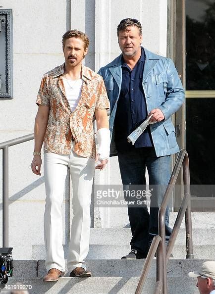 ryan gosling and russell crowe are seen filming the nice guys on