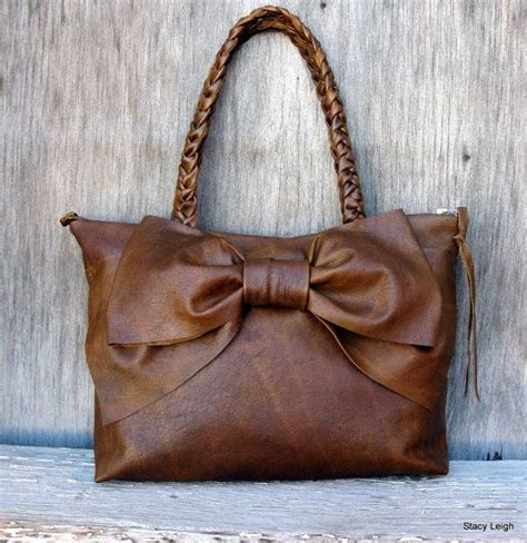 leather bow handbag  distressed brown medium size  stacyleigh  leather bows bags