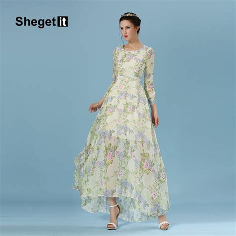 Shegetit Women Chiffon Flower Printed Maxi Dress 2016 New Summer Style
