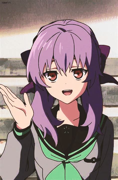 An Anime Character With Purple Hair And Green Eyes Holding Her Hands Up