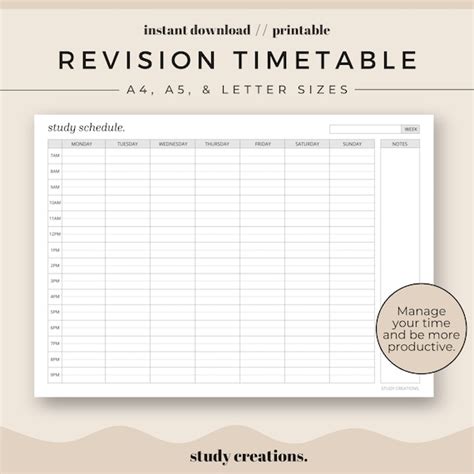 revision timetable printable set study schedule weekly etsy