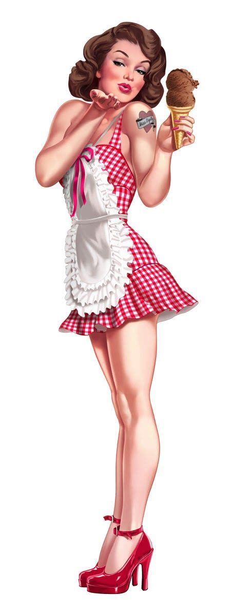 brunette pinup with ice cream apron and red shoes blowing a kiss tattoo ideas inspiration