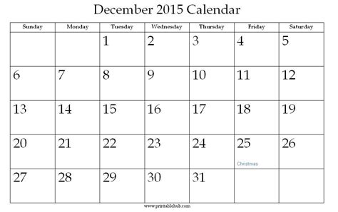 december  printable calendar printable hub