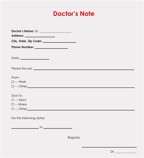 printable doctors note  templates