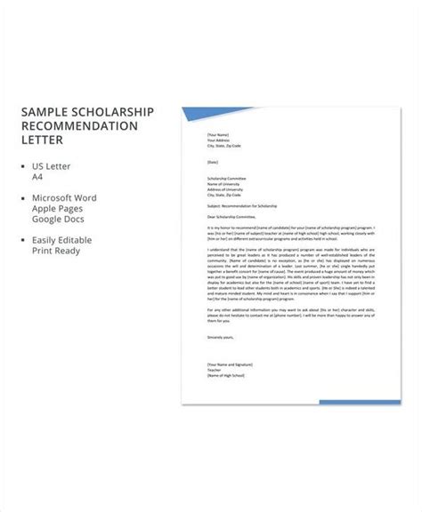 sample letters  recommendation  scholarship  ms word