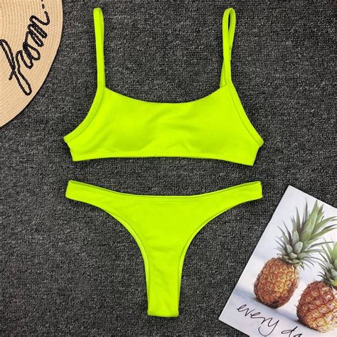 Neon Yellow Green Swimsuit Women Sexy Solid Push Up Micro Bikini 2022