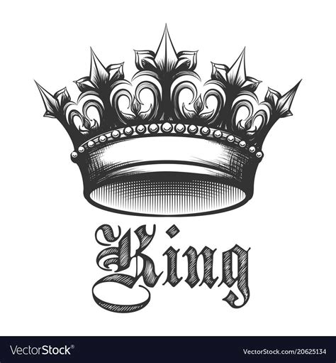 Black And White King Crown Drawn In Engraving Style