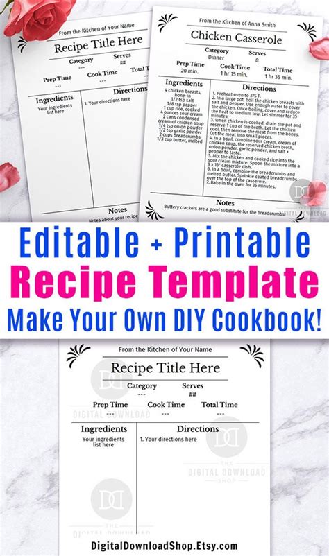 recipe template editable printable recipe template recipe etsy