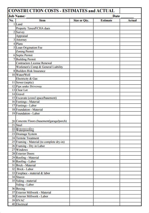 construction estimate templates   excel