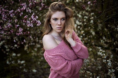 women redhead freckles looking away pale women outdoors face sweater no bra spring