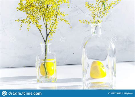Mimosa In Glass Vase On Table Close Up Stock Image Image