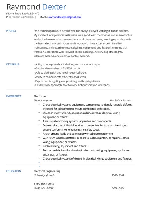 electrician cv   template resume outline resume examples