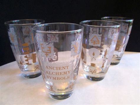 4 Vintage Libbey Drinking Glasses Ancient Alchemy Symbols Gold Tone
