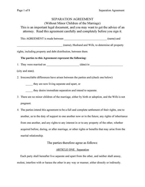 printable separation agreement templates
