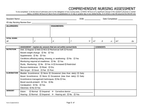 printable nursing assessment form template printable form templates