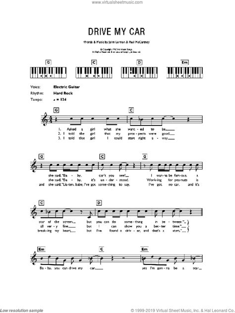 beatles drive  car intermediate sheet   piano solo chords lyrics melody