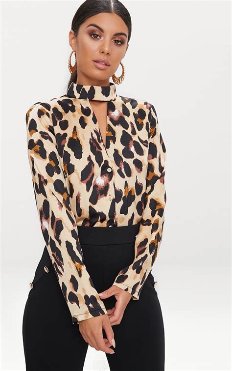 tan silky leopard print choker detail blouse prettylittlething usa