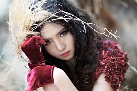 women model brunette long hair asian face gloves