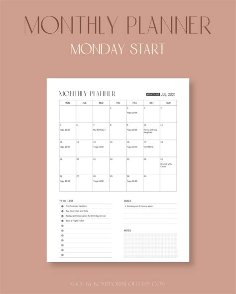 monthly planner printable page fillable monthly schedule  etsy