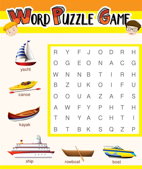 word puzzle game template  water transportations  vector art