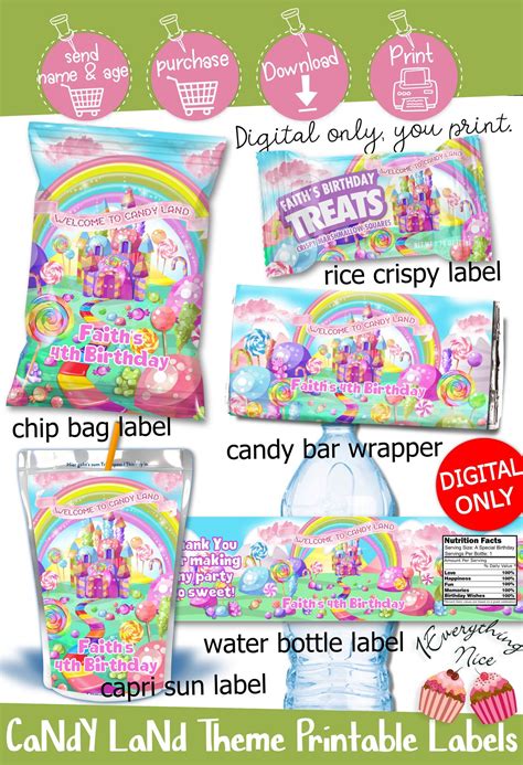 digital  candy land birthday party printable labels bundle set