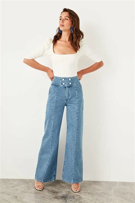 trendyol mavi button detail super high waist wide leg jeans tclsslr  jeans  womens