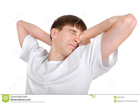 tired young man stock photo image  hands close exhaustion