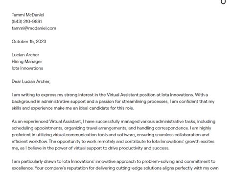 virtual assistant cover letter examples   depth guidance