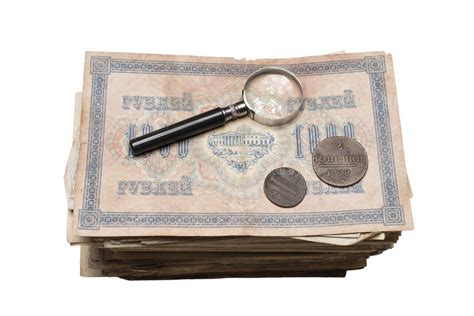 collectibles coins banknotes awards stock image image  antiques magnifier
