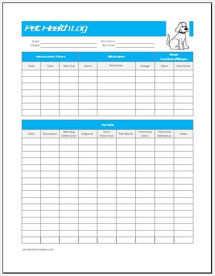 pet health log template  excel word excel templates