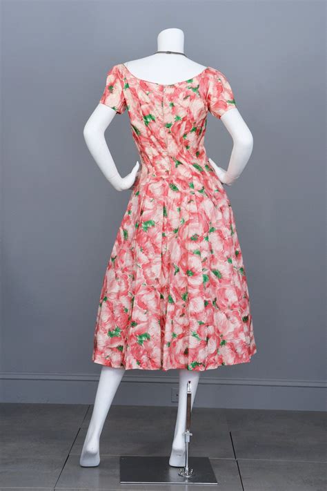 1950s Pink Retro Rose Print Silk Vintage Party Dress Vintagevirtuosa