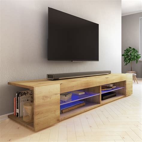 meuble tv meuble de salon mitchell  cm chene wotan eclairage led bleu  piles