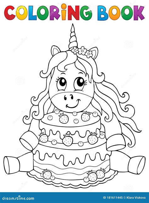 coloring book unicorn  cake  stock vector illustration  happy