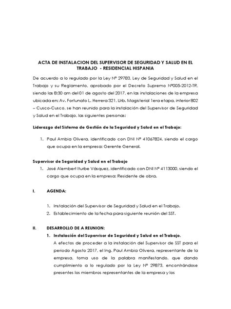 Acta De Instalacion Del Supervisor De Seguridad Y Salud En El Trabajo