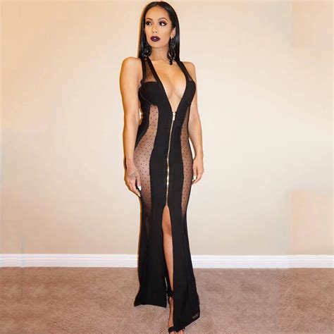 Buy Sexy Women Maxi Dress Sheer Mesh Deep V Sleeveless