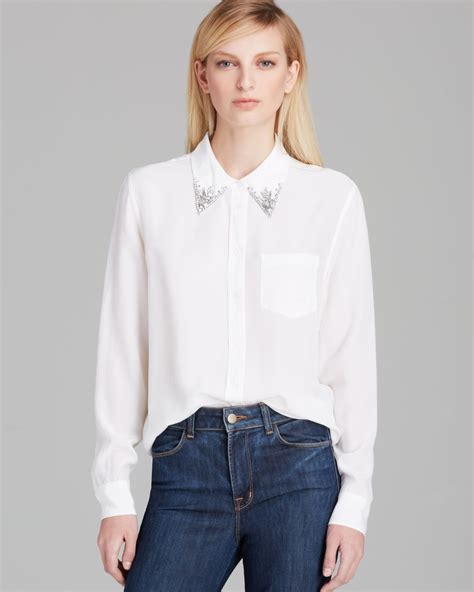 equipment blouse reese jewel collar silk  bright white white lyst