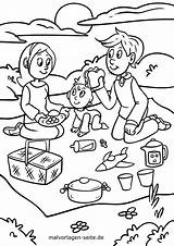 Picknick Malvorlage Ausmalbild Wandern Eltern Spazieren Kindern Gemeinsames sketch template