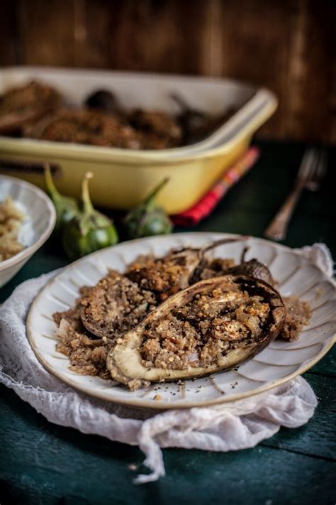 quinoa stuffed eggplant with a roasted garlic raita adventures in