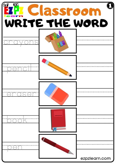 classroom objects write  word worksheet set   kids ezpzlearncom