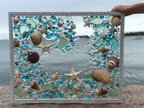 Free Shipping Large Beach Glass Coastal Window Mixed Media Sea Glass