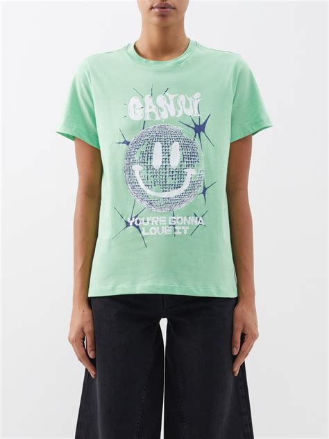 ganni ganni disco smiley print organic cotton jersey  shirt greenmatchesfashion