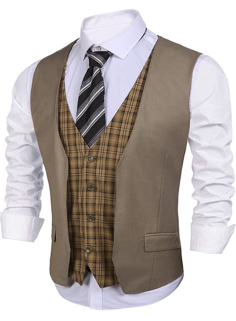 coofandy mens business suit vest layered plaid dress vest waistcoat  wedding ebay